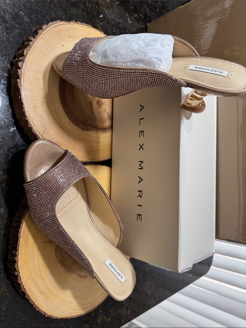 NWT! Alex Marie Rose Gold Open-Toe Embellished Slide Mules